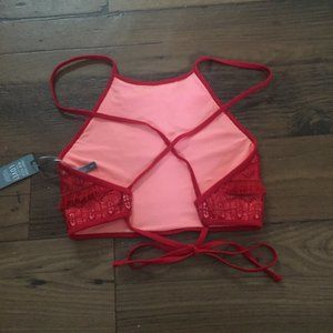 aerie Swim - NWT aerie Swim Coral Red Fringe Lace Halter Crop M aerie Swim - NWT aerie Swim Coral Red Fringe Lace Halter Crop M